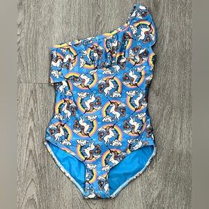 Girls IKEA One Shoulder Strap Rainbow Unicorn Swimsuit Size 7-8